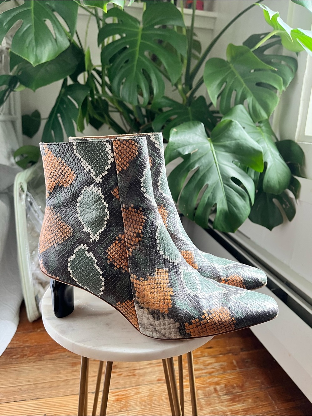 Rejina Pyo Reina Snakeskin Ankle Boots Green Orange Square Toe Sculptural Heel